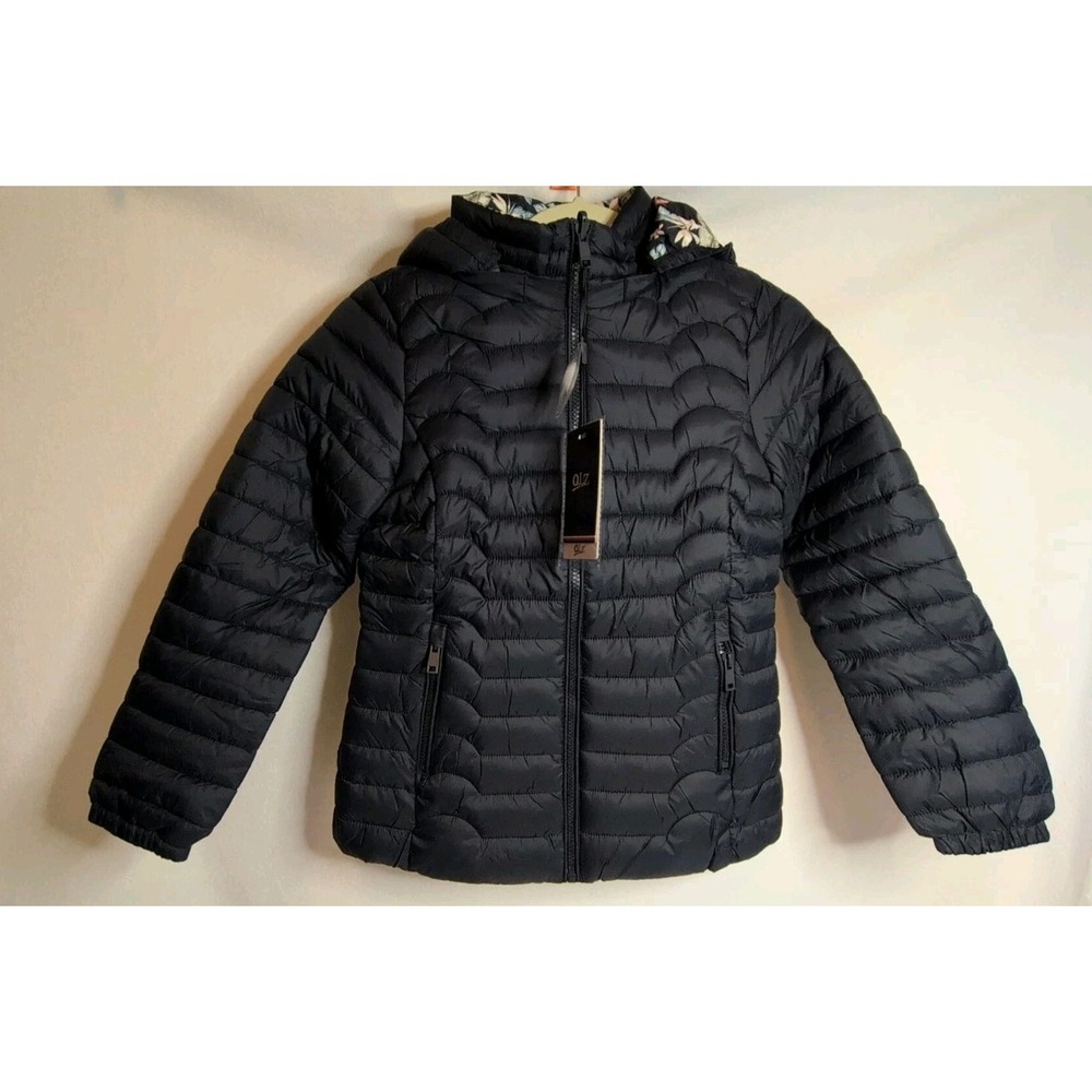 Youth‎ Puffer Jacket With Removable Hood Reversible Floral Navy Blue Sz 8 NWT